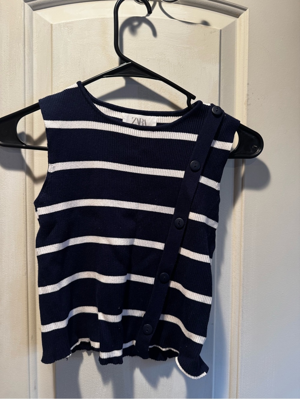Zara Navy & White Striped Sleeveless Knit Top with Side Buttons